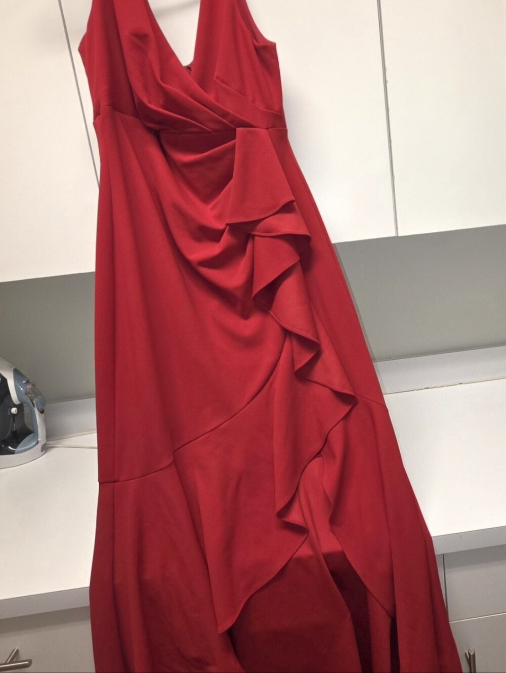 Red V-Neck Ruffle High-Low Evening Dress - Picture 3 of 4